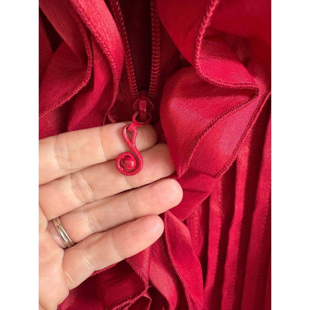 Samuel Dong Red Ruffle Trench Coat Women Small Dramatic Collar Belted Jacket - Picture 7 of 9
